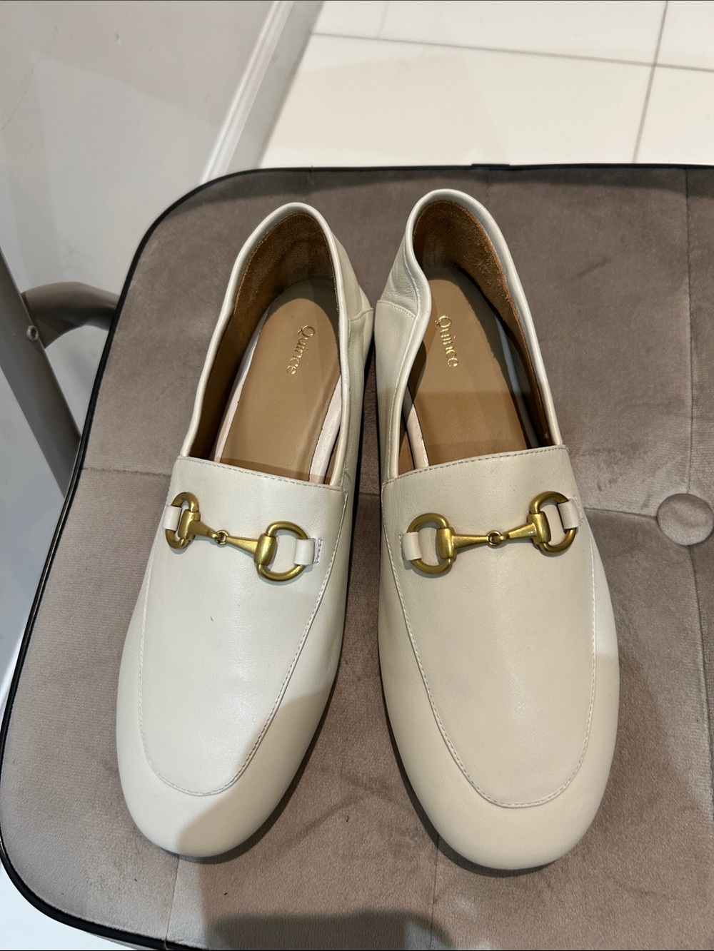 Quince Cream Leather Loafer with Gold Horsebit